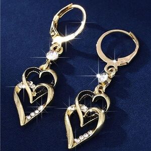 Gold Heart Dangle Earrings with Crystal Accents NWT